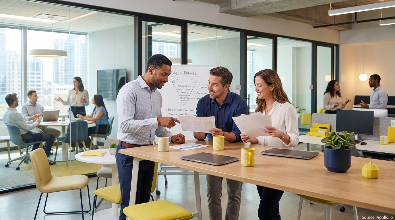 Sales team collaborating in a modern open-plan office in a team planning session