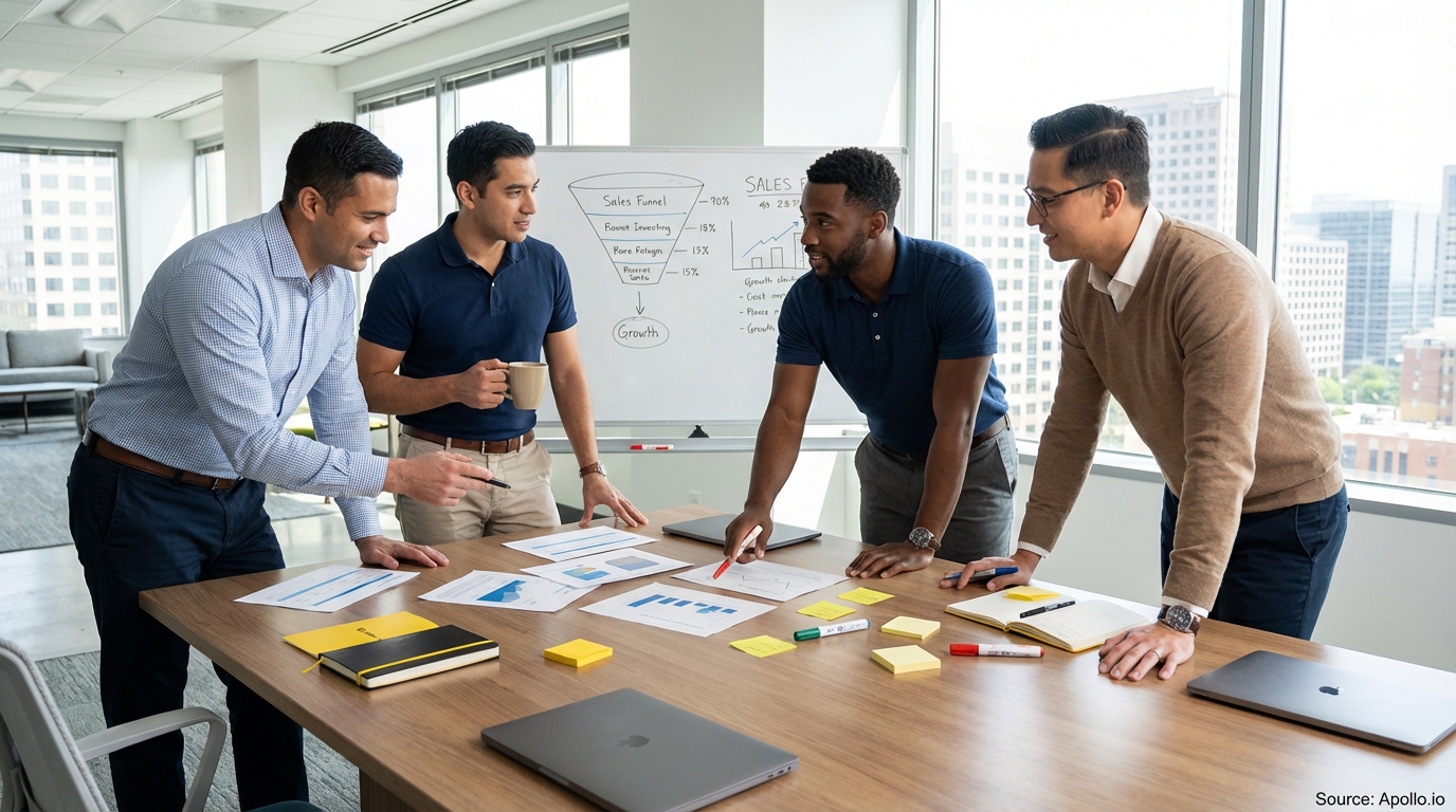 Sales professionals discussing strategy around a conference table in a team planning session