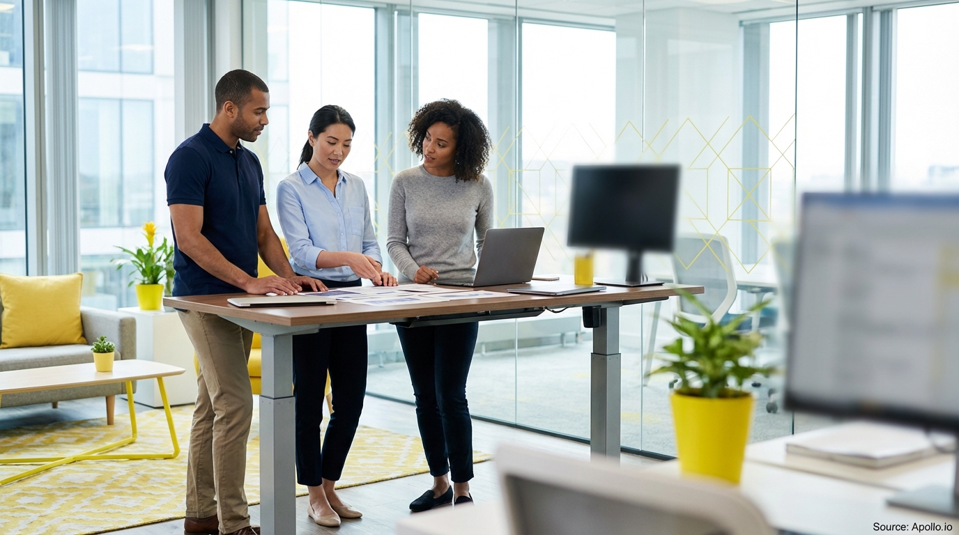 Sales team collaborating in a modern open-plan office in a sales team meeting