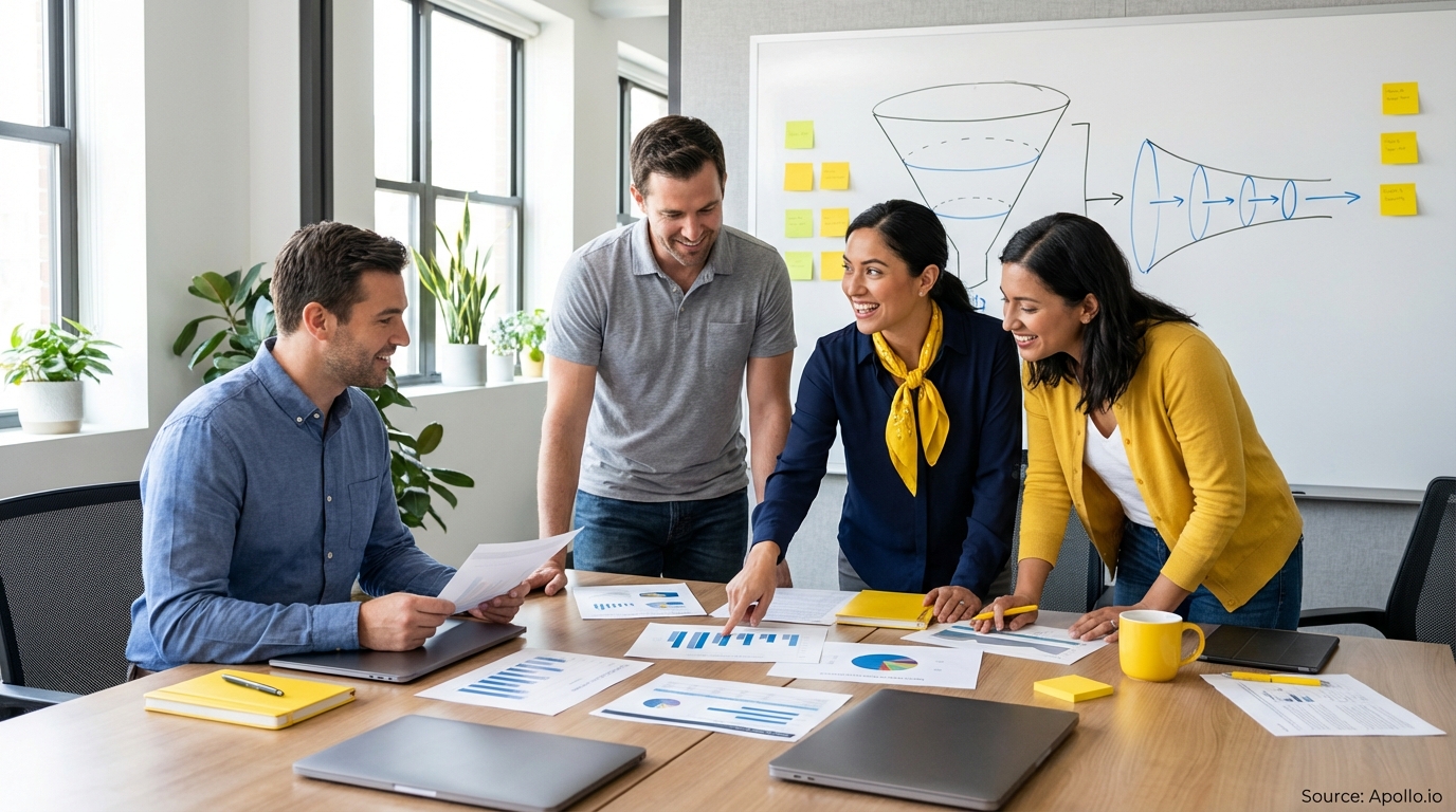 Sales professionals discussing strategy around a conference table in a sales team meeting