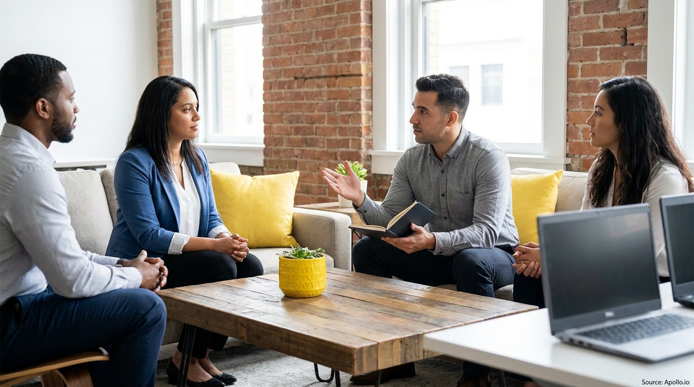 Four diverse professionals hold a seated discussion around a wooden table in a modern office.