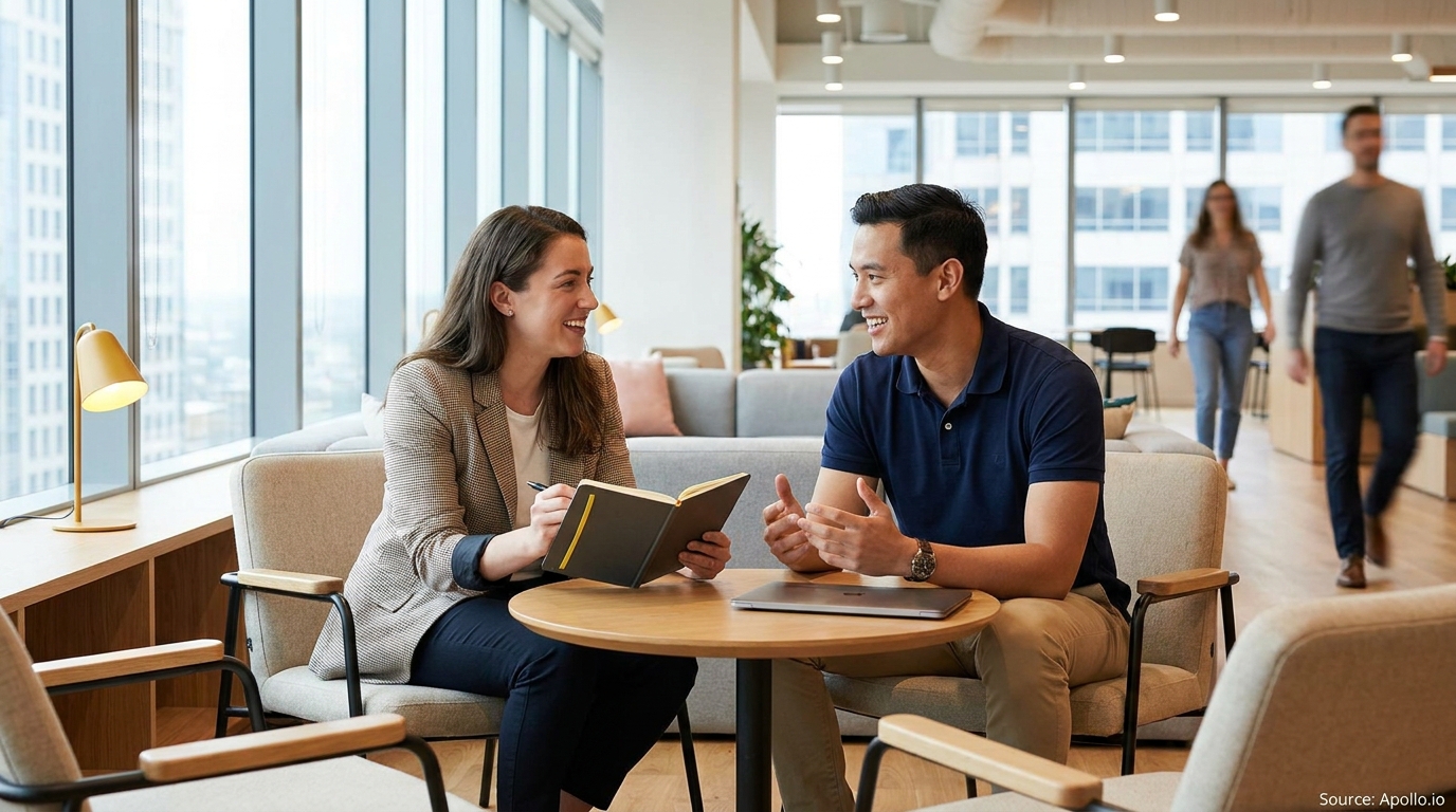 Two smiling professionals discuss at a table in a modern office lounge with city views.