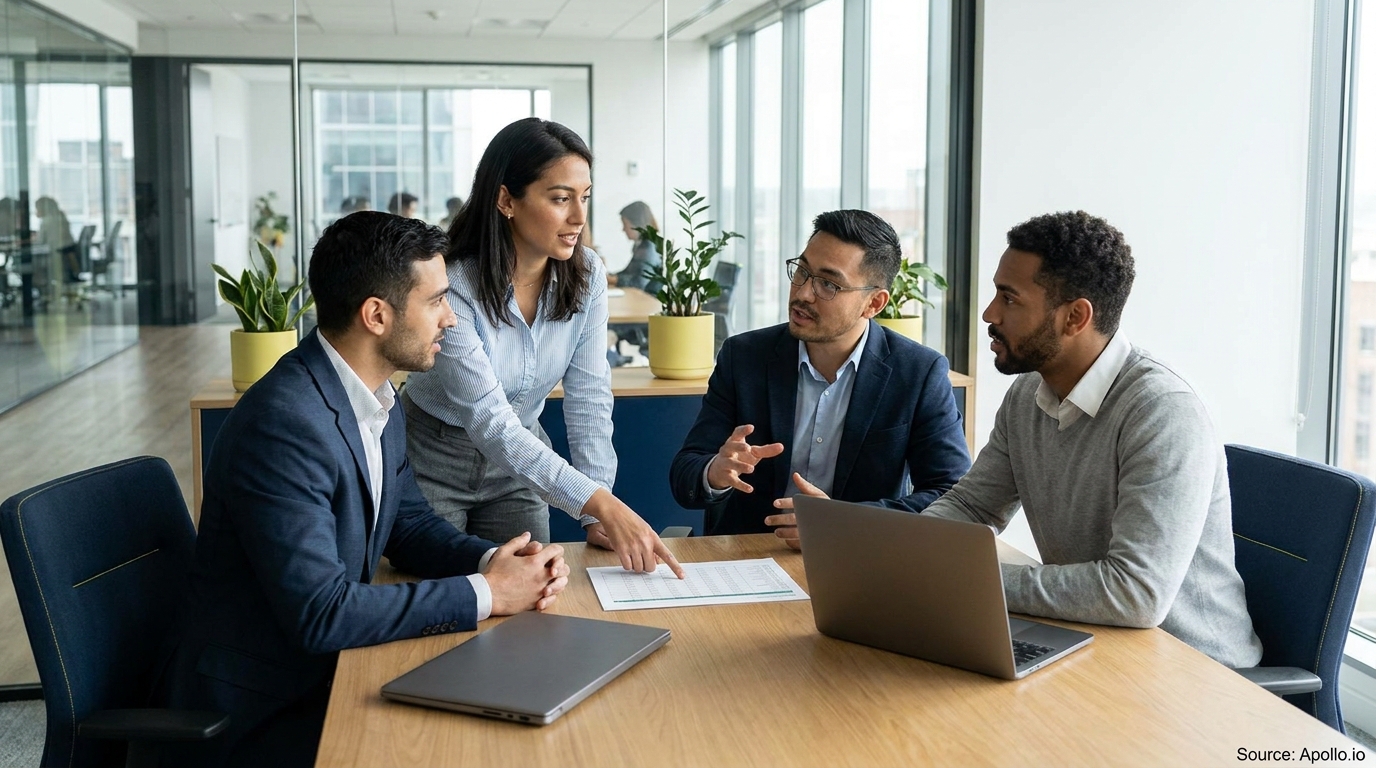 Four professionals discuss a document and laptops at a modern office table.