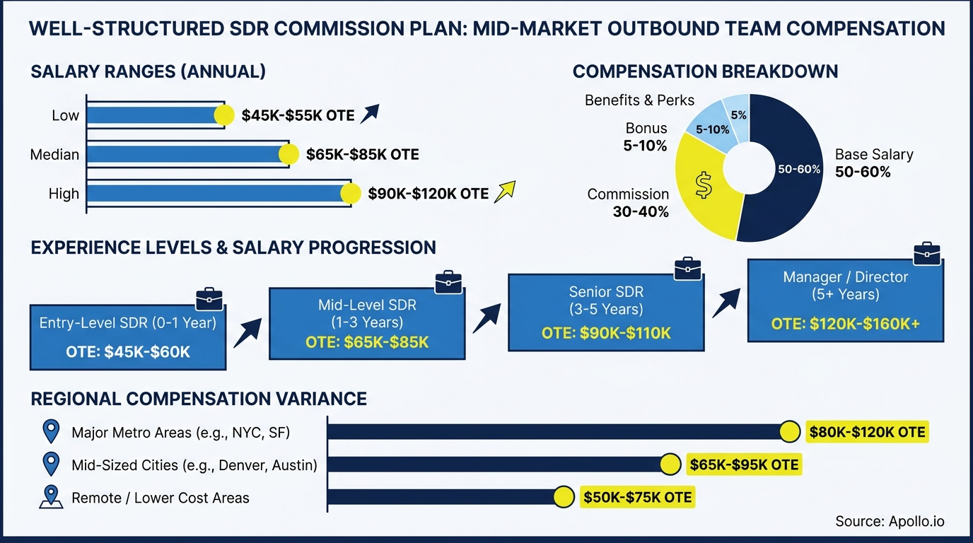 Infographic details SDR compensation plan, including salary ranges, breakdown, experience progression, and regional variance.