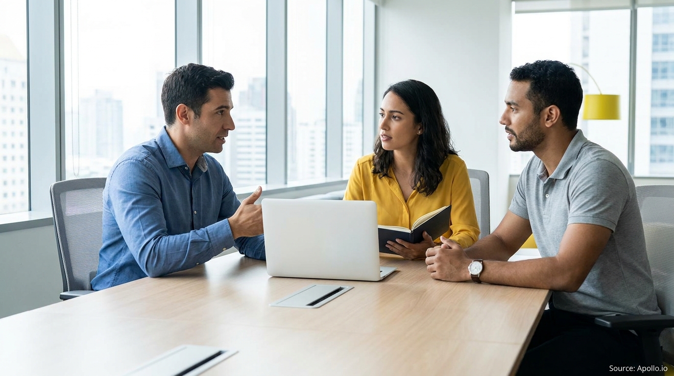 Three professionals discuss at a modern office table with a laptop.