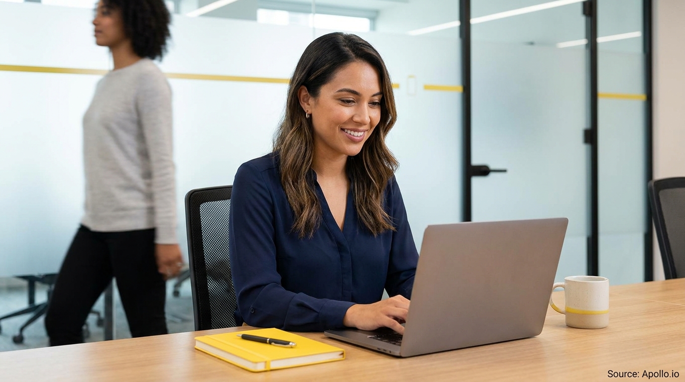Woman smiles, typing on laptop at a wooden office table as another person walks by.