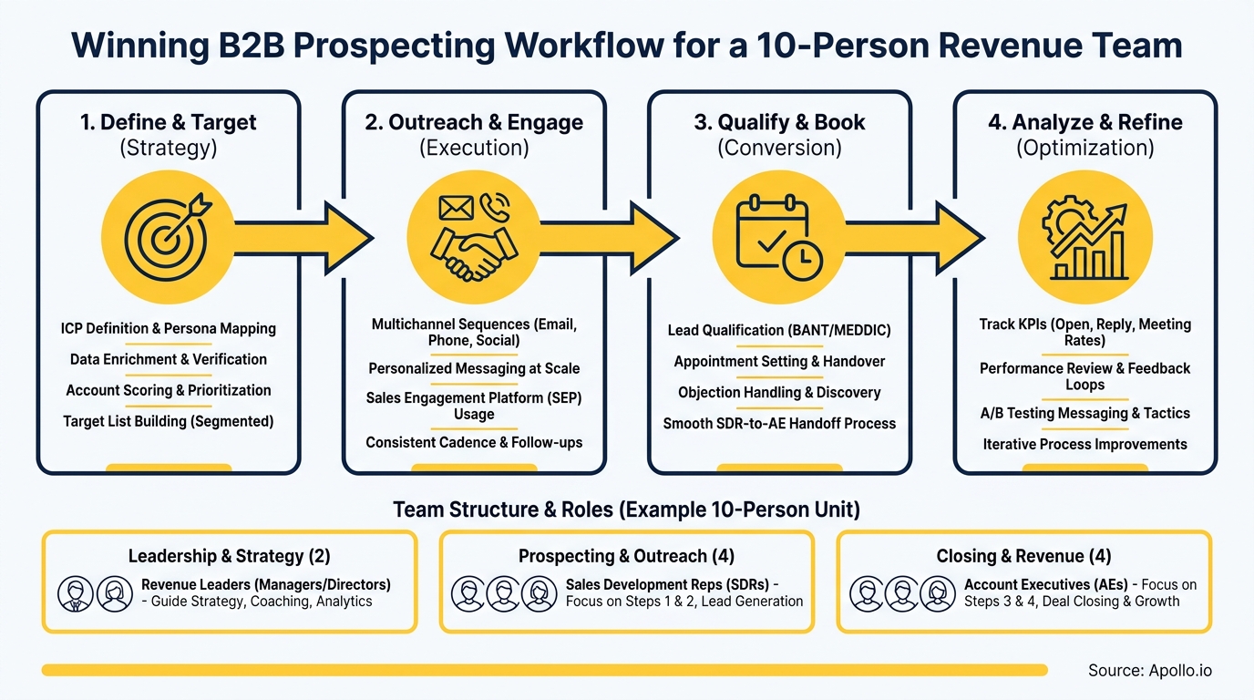 A four-step B2B prospecting workflow diagram with a 10-person revenue team organized by roles.