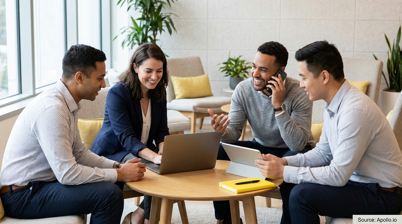Four diverse professionals laugh and collaborate around a table with a laptop and tablet in a modern office.