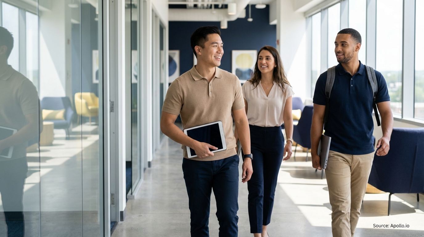 Three diverse professionals walk and chat in a bright, modern office hallway, carrying a tablet and laptop.