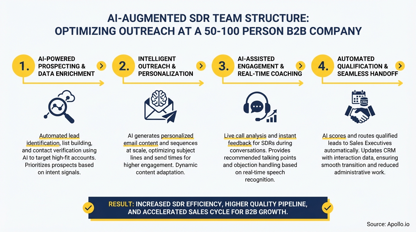 Infographic showing a four-step AI-augmented sales development representative (SDR) process for optimizing outreach.