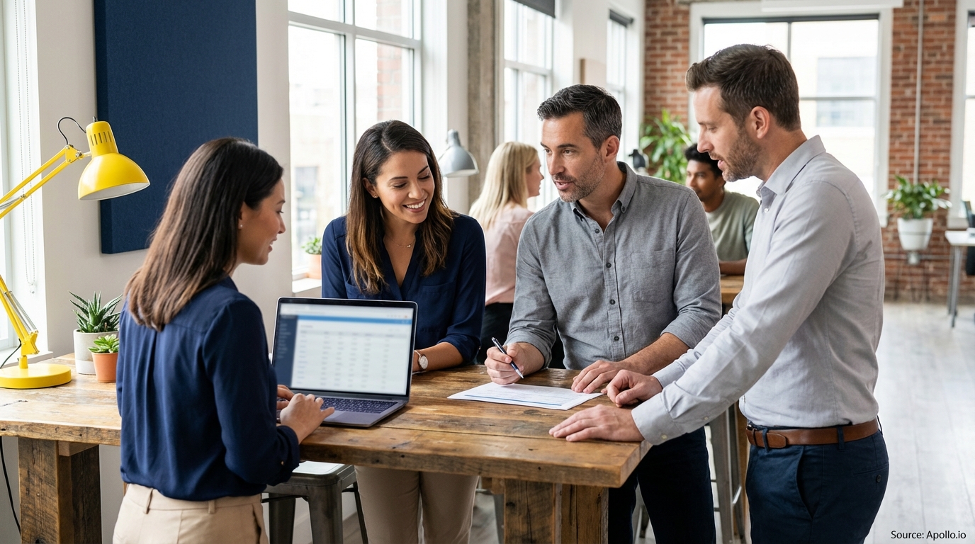 Four professionals collaborate at a laptop and document in a modern office.