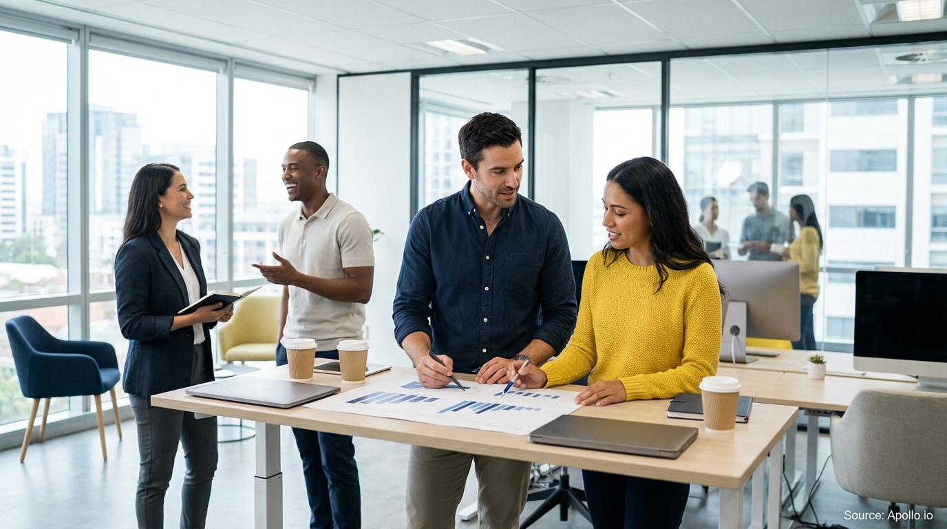 Sales team collaborating in a modern open-plan office in a sales team meeting
