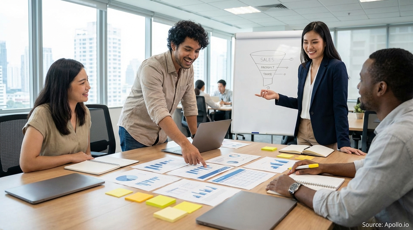 Sales professionals discussing strategy around a conference table in a sales team meeting