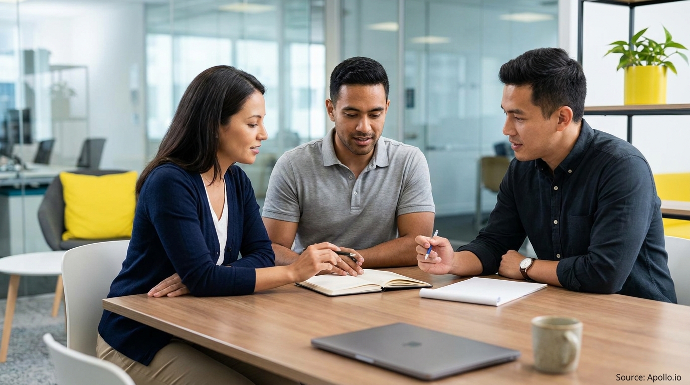 Three professionals review notes together at a meeting table in a modern office.