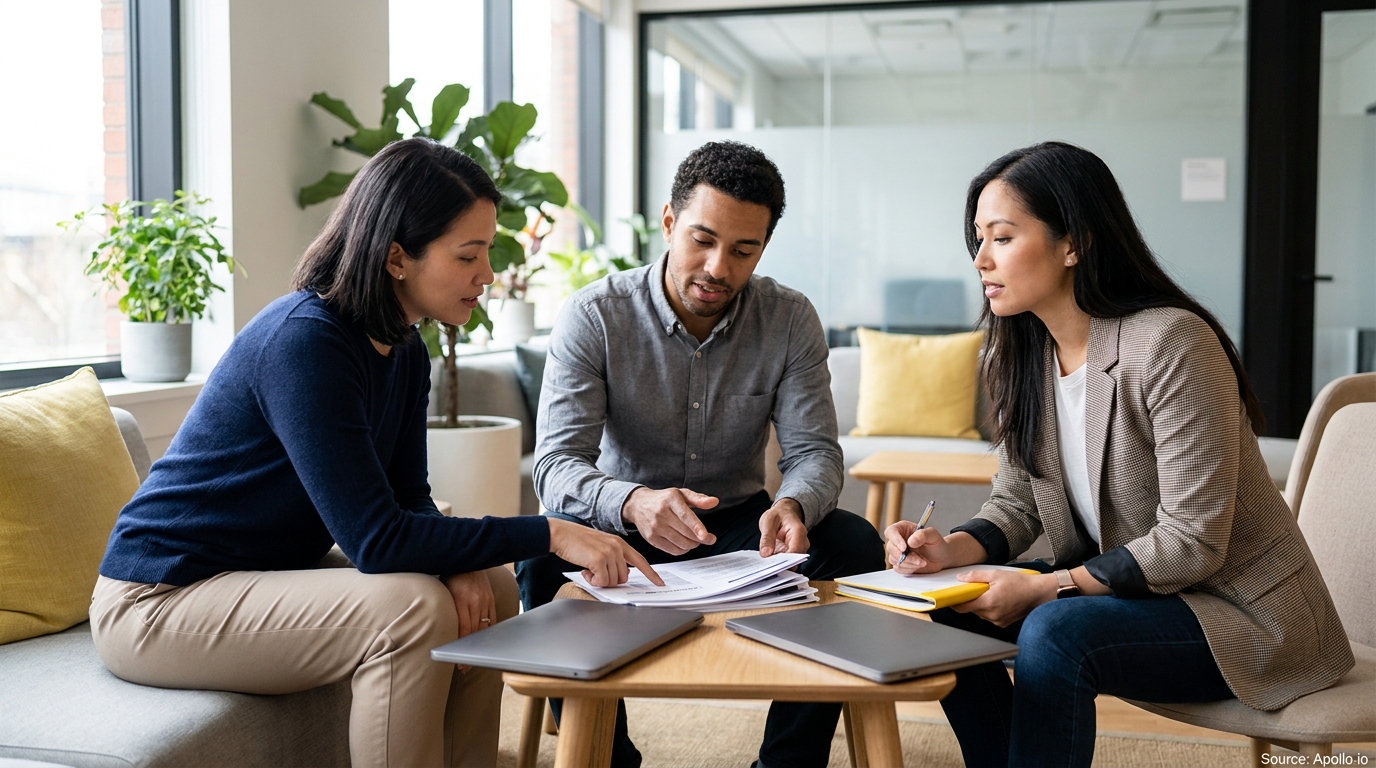 Three professionals discuss documents and take notes in a modern office lounge.