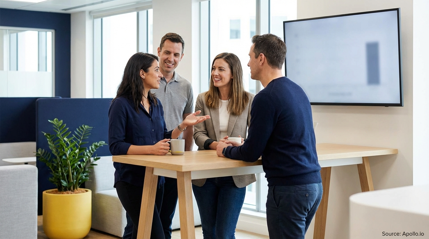 Four smiling colleagues discuss ideas while standing at a table in a modern office.