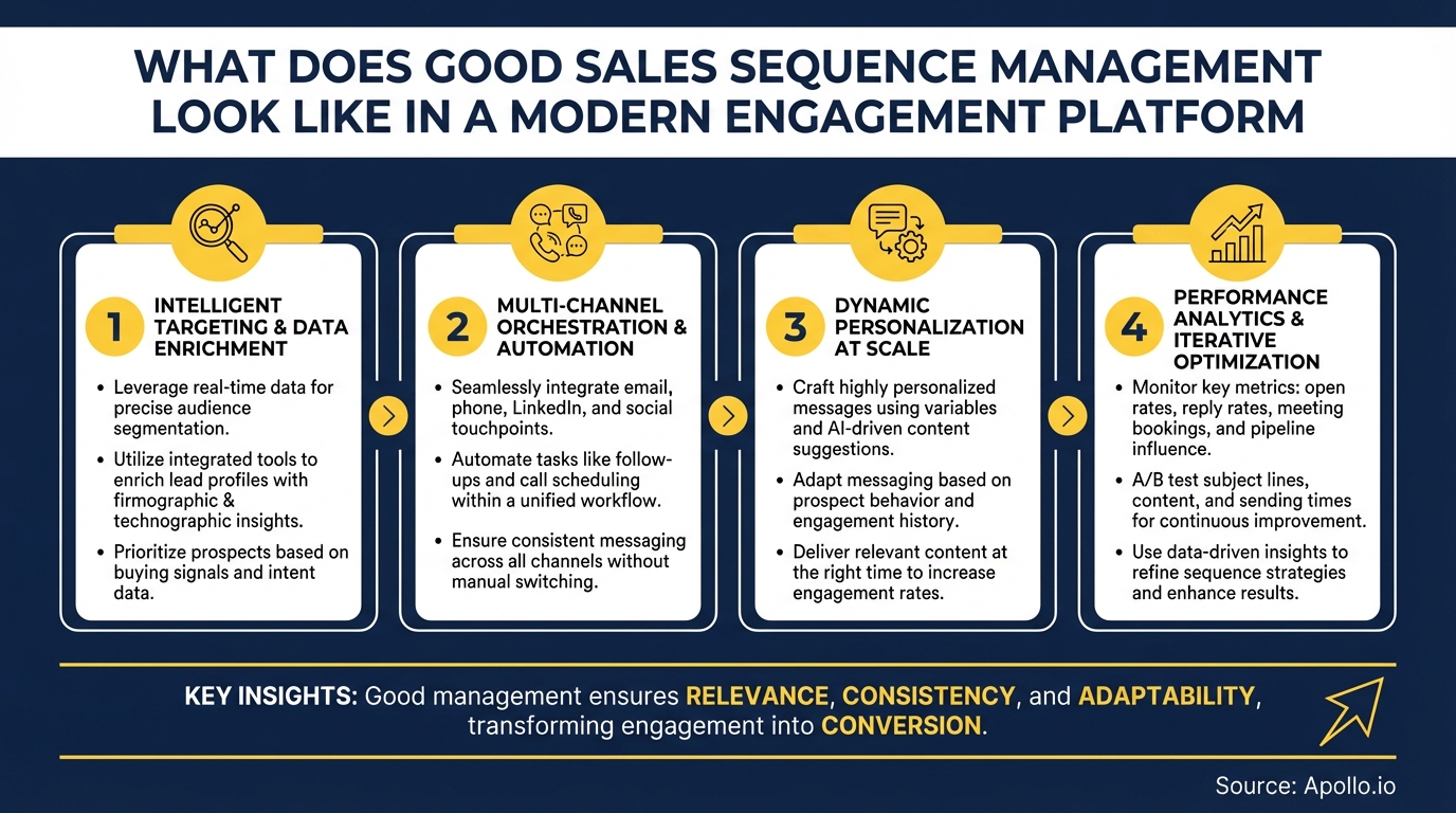 Infographic presenting four key steps for effective sales sequence management.
