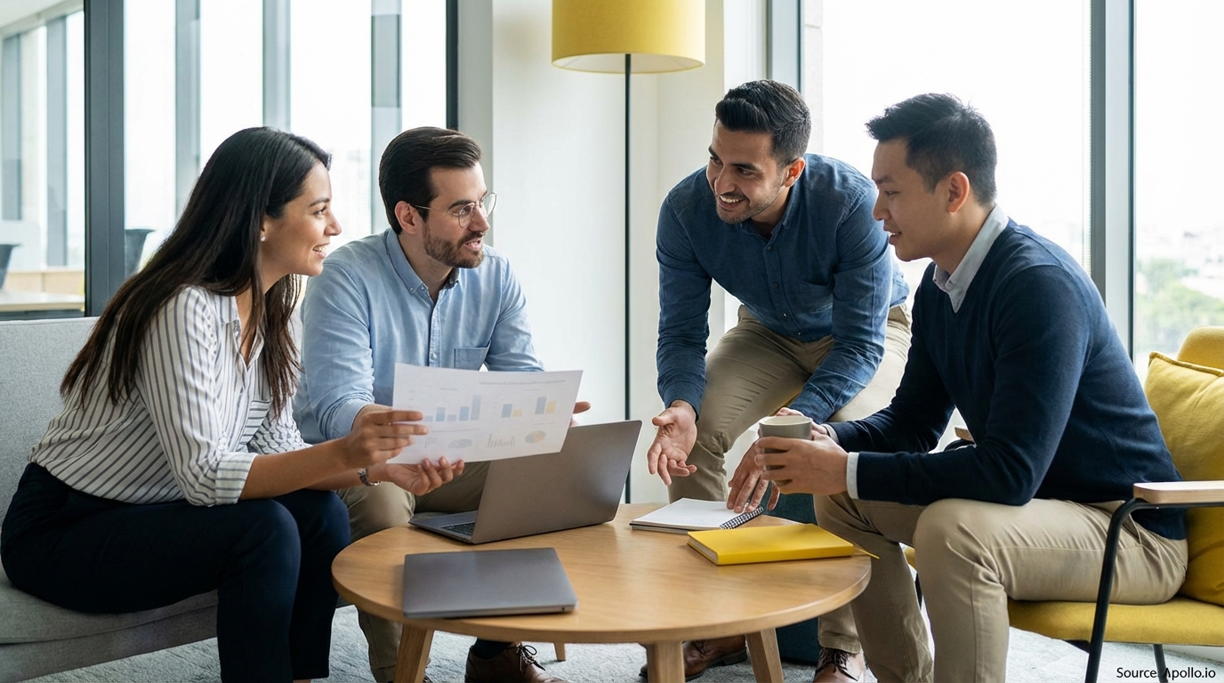 Four diverse professionals discuss documents and laptops at a modern office table.