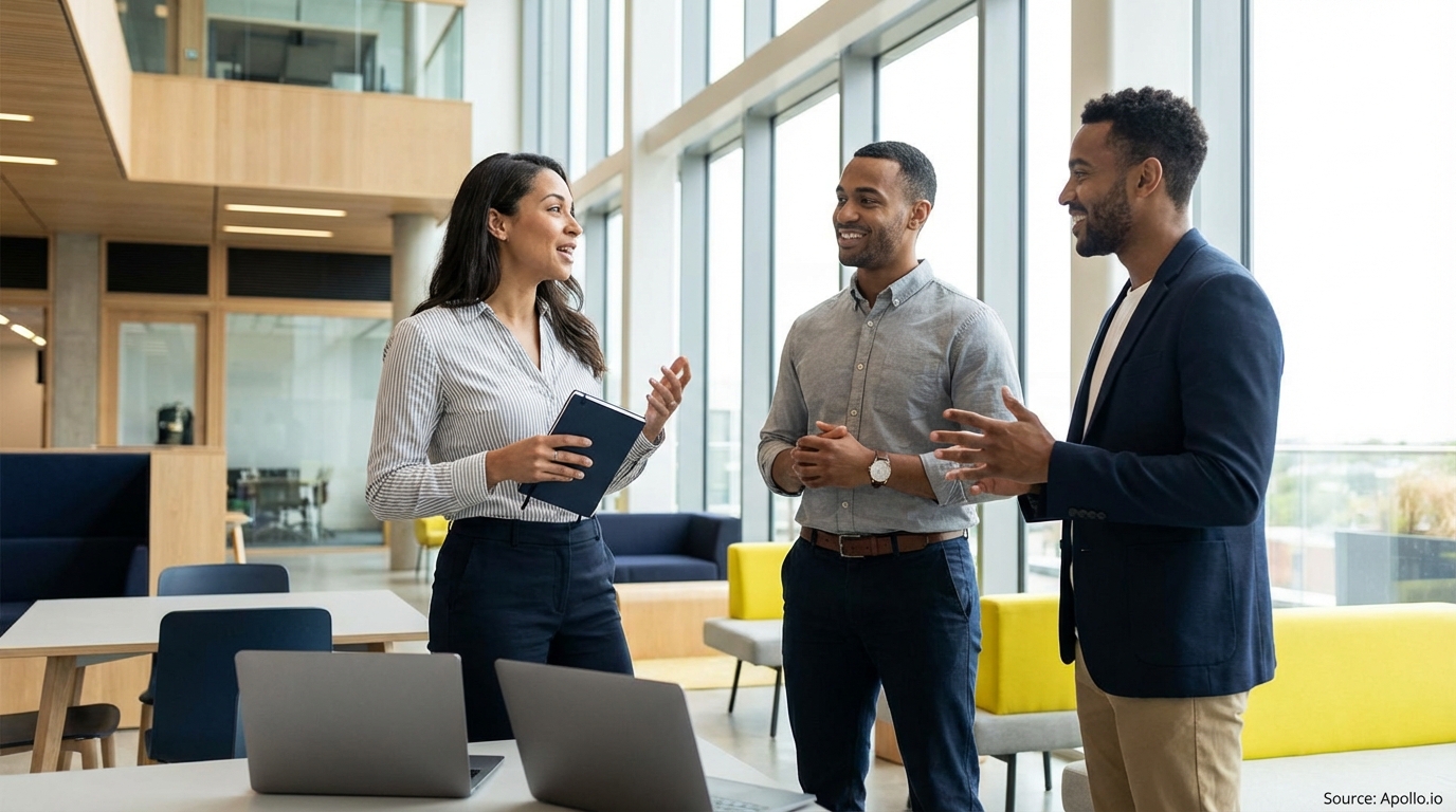 Three professionals talk in a bright, modern office with laptops on a desk.
