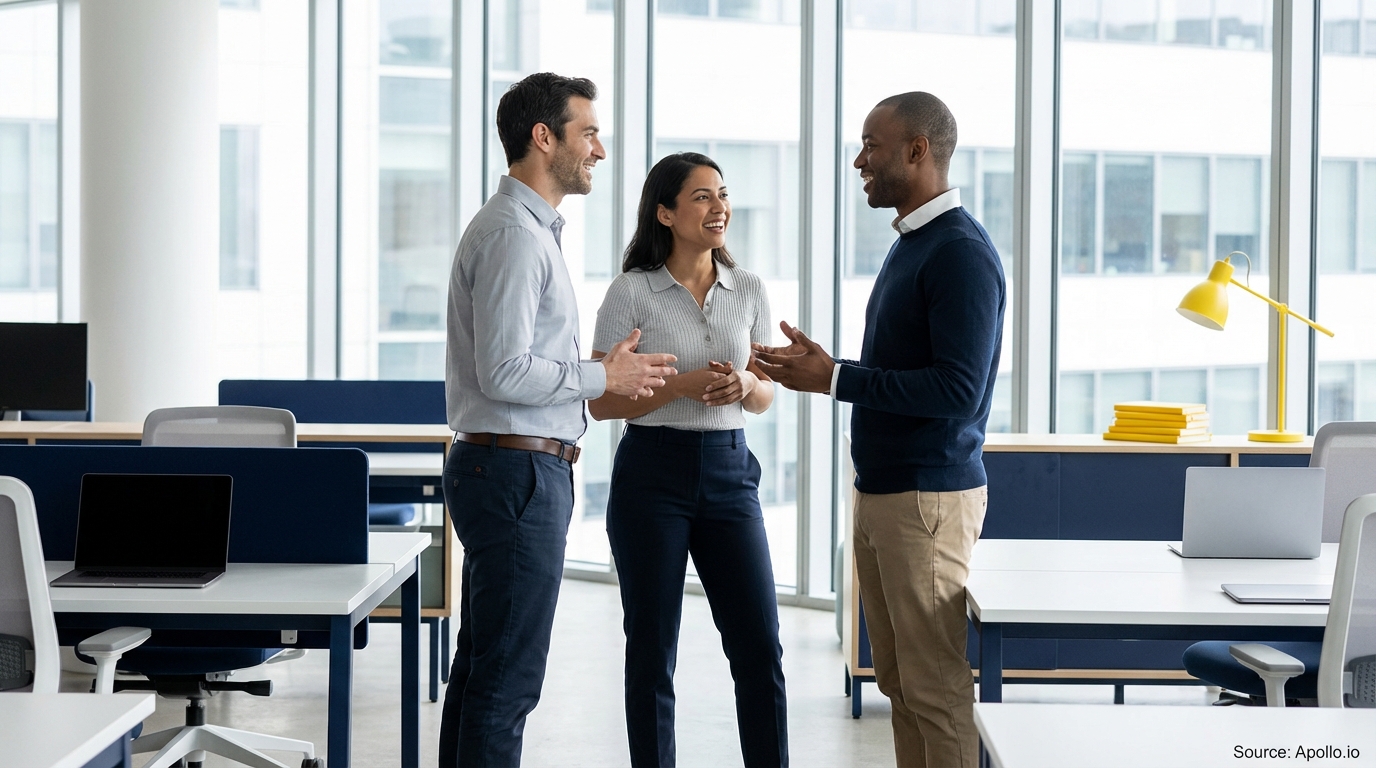 Three colleagues smiling, gesturing, and talking in a bright, modern open-plan office.