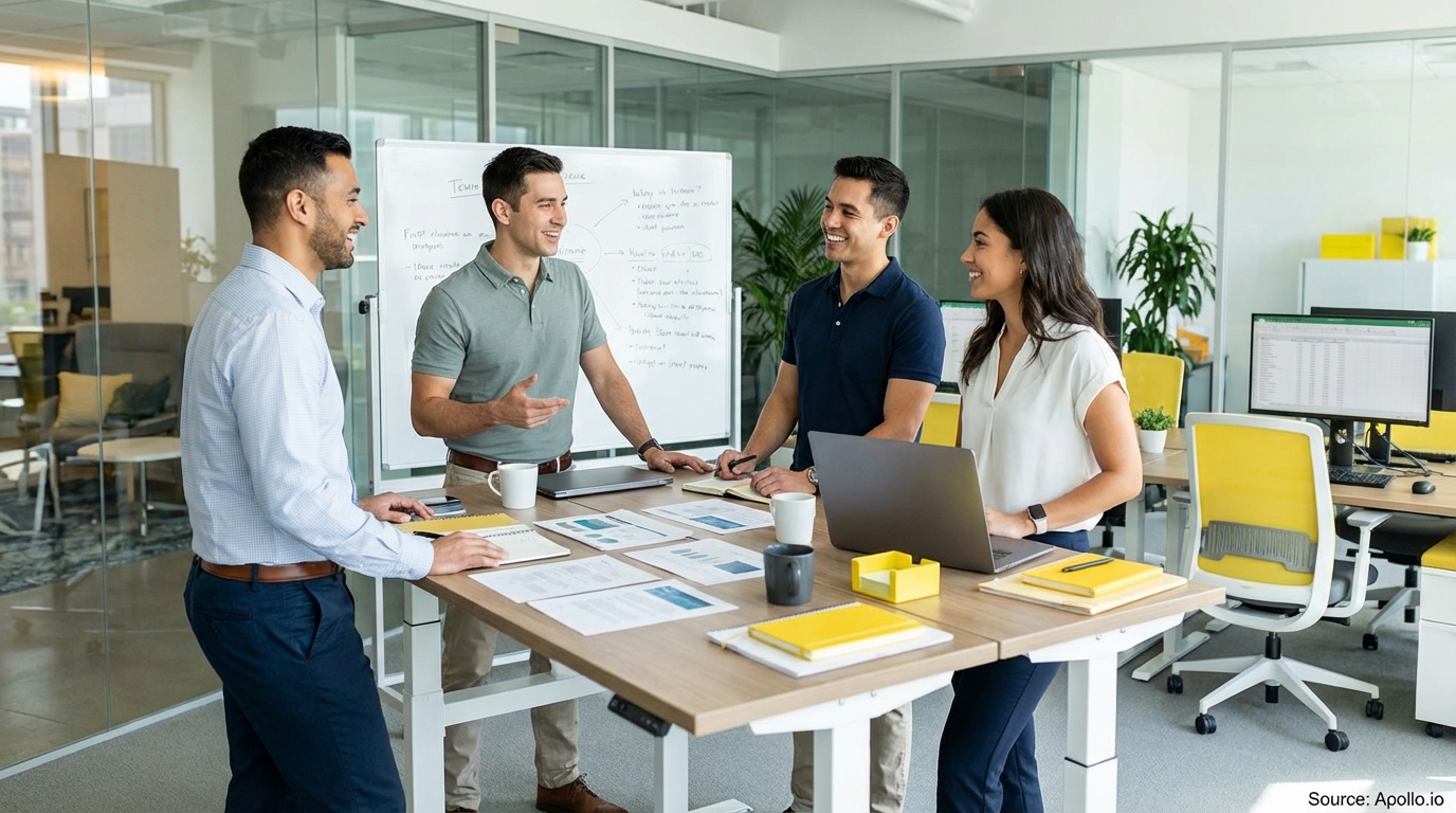 Sales team collaborating in a modern open-plan office in a sales team meeting