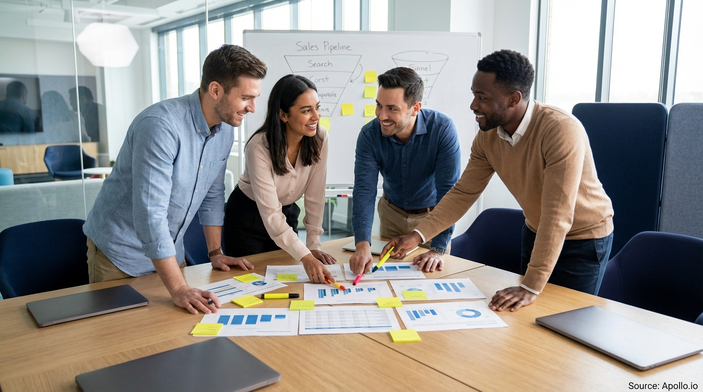 Sales professionals discussing strategy around a conference table in a sales team meeting