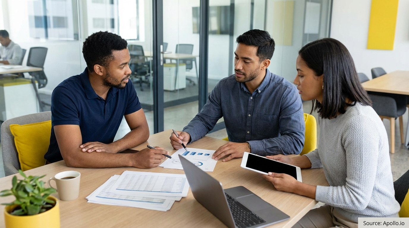 Three colleagues collaborate on documents and tech in a bright, modern office meeting.
