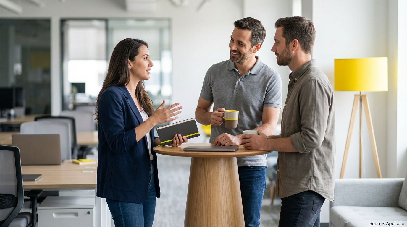 Three colleagues discuss, holding mugs and a notebook, at a standing table in a modern office.
