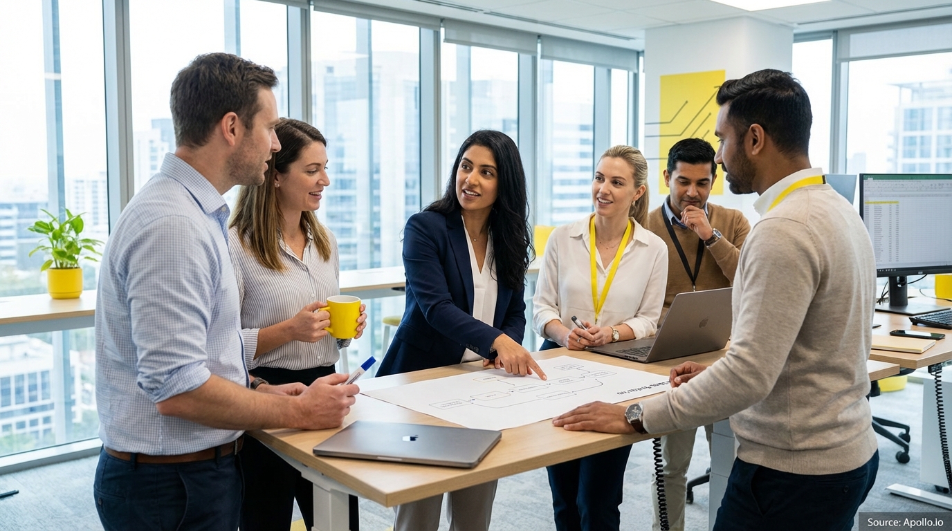 Sales team collaborating in a modern open-plan office in a sales team meeting