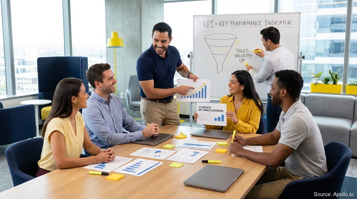 Sales professionals discussing strategy around a conference table in a sales team meeting