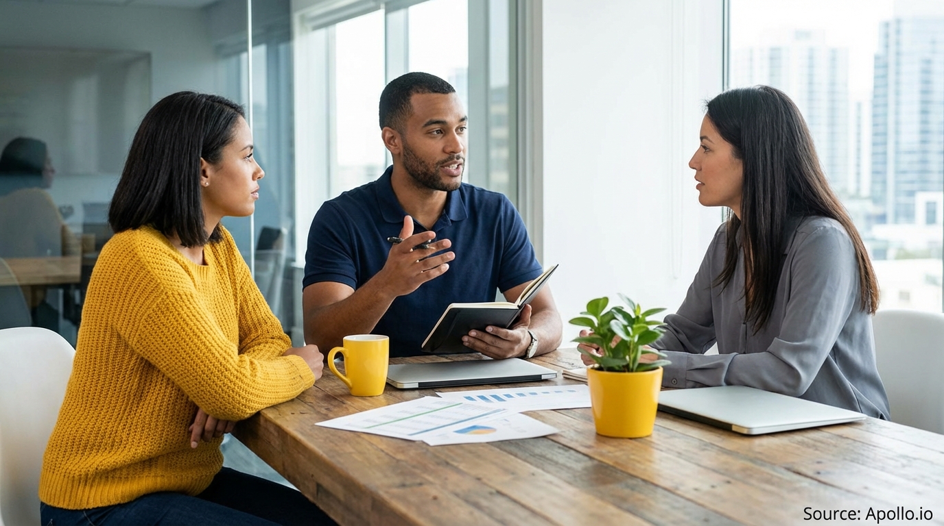 Three professionals discuss at a modern office table with city views.