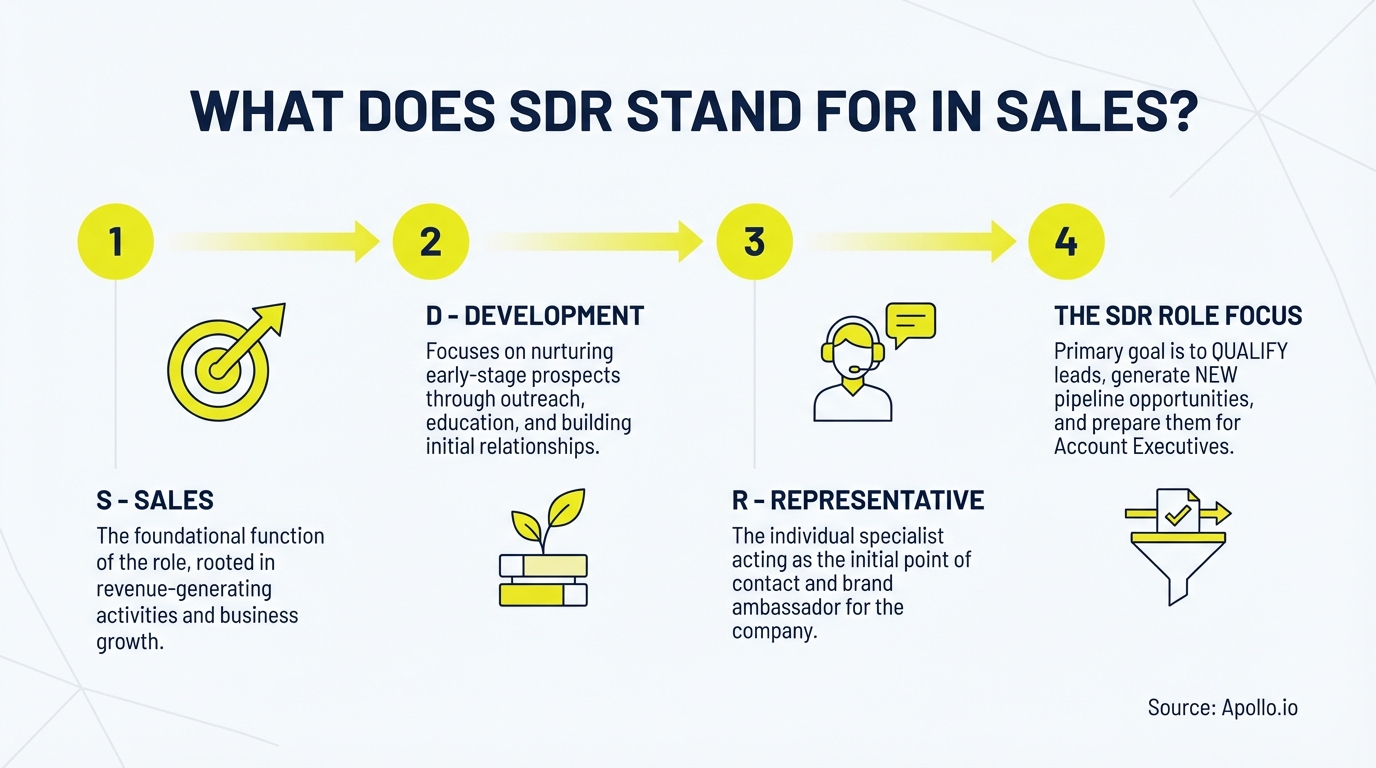 A diagram explaining SDR in sales, showing four numbered steps with text descriptions and corresponding icons.