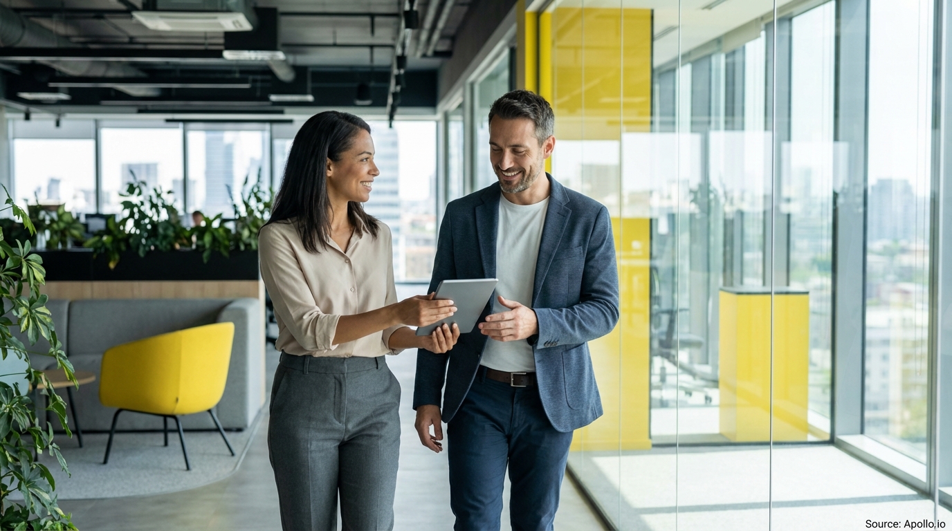 Two professionals walk in a bright office, discussing a tablet together.