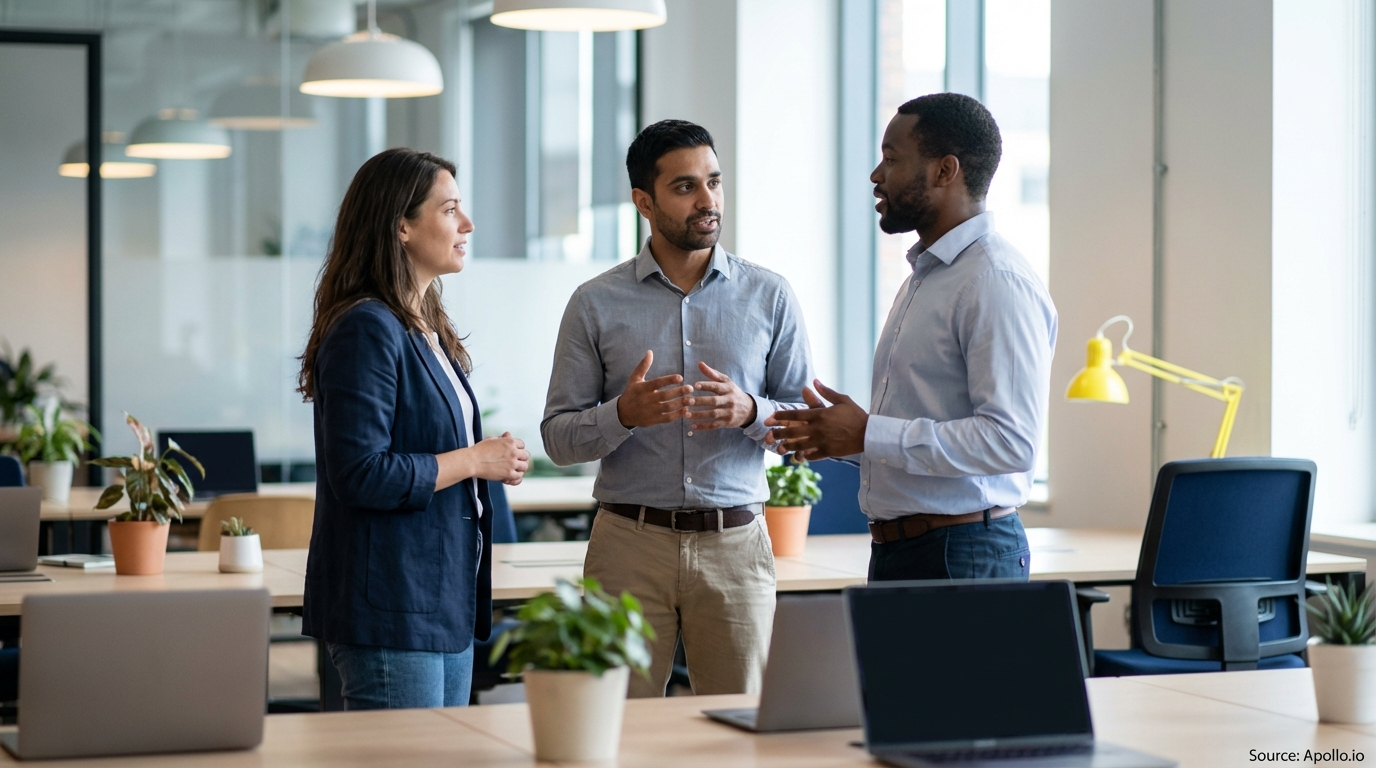Three diverse professionals discuss and gesture in a bright, modern office.