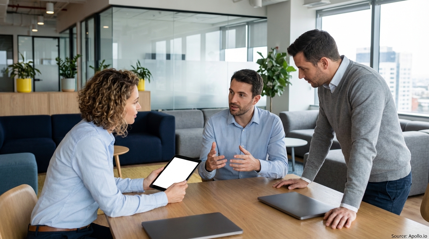Three colleagues actively discuss a project using a tablet in a contemporary office.