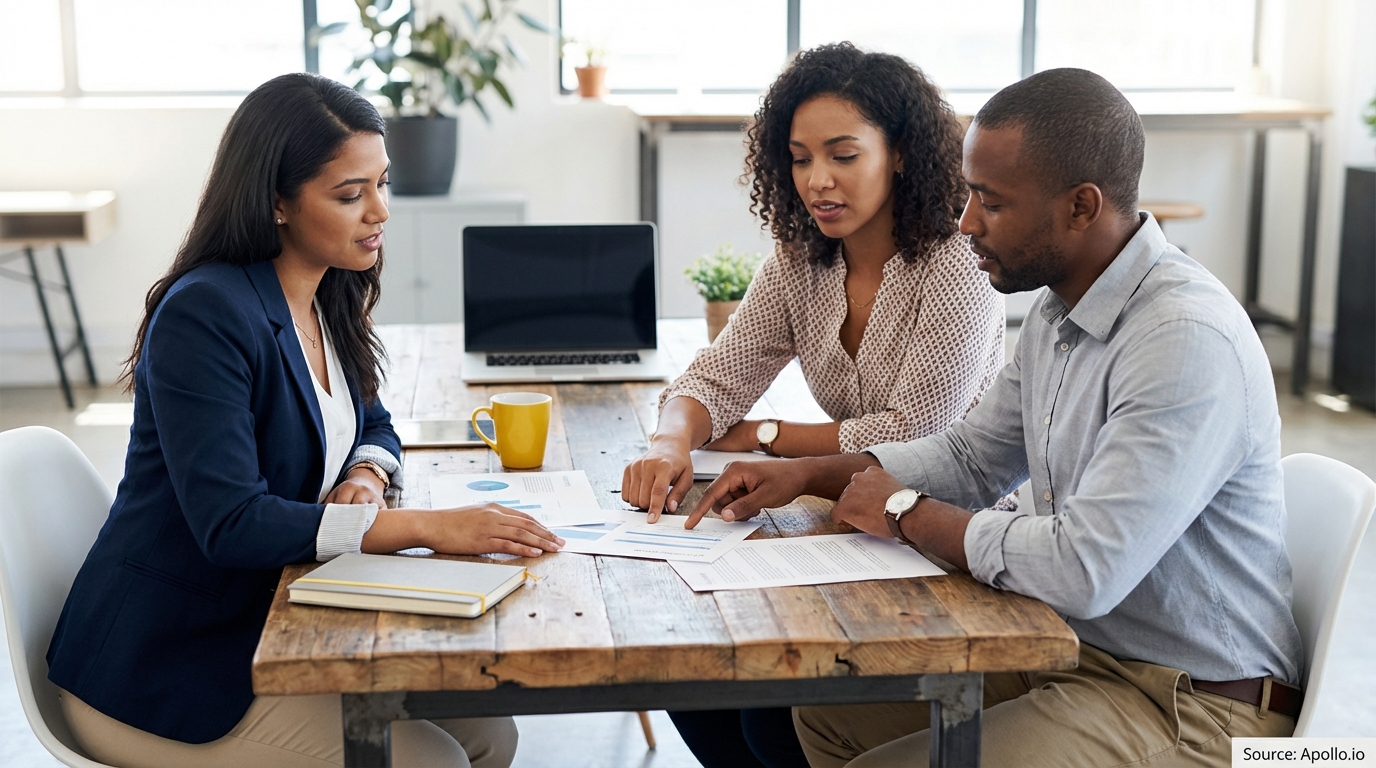 Three colleagues discuss documents at a rustic office table.