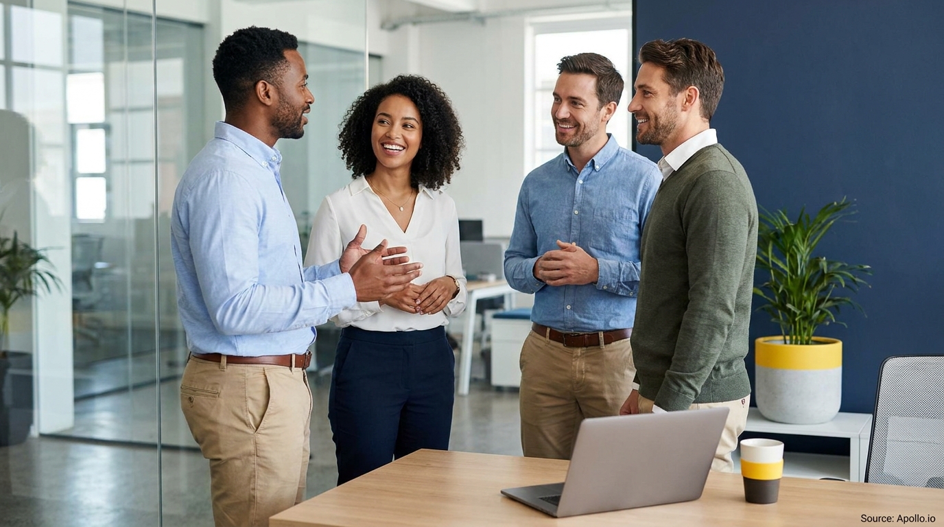 Four smiling colleagues conversing in a modern office with a laptop.