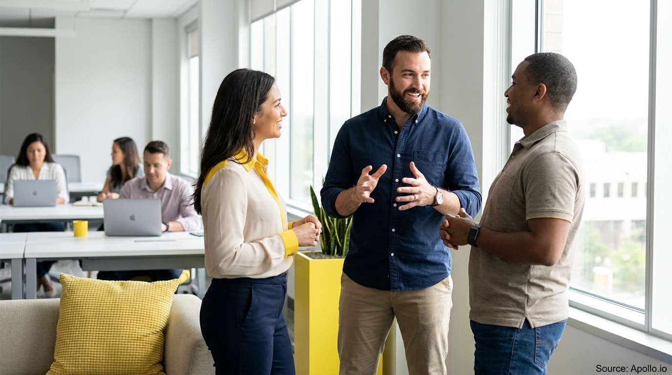 Six professionals in a modern office, three discussing while three others work on laptops.
