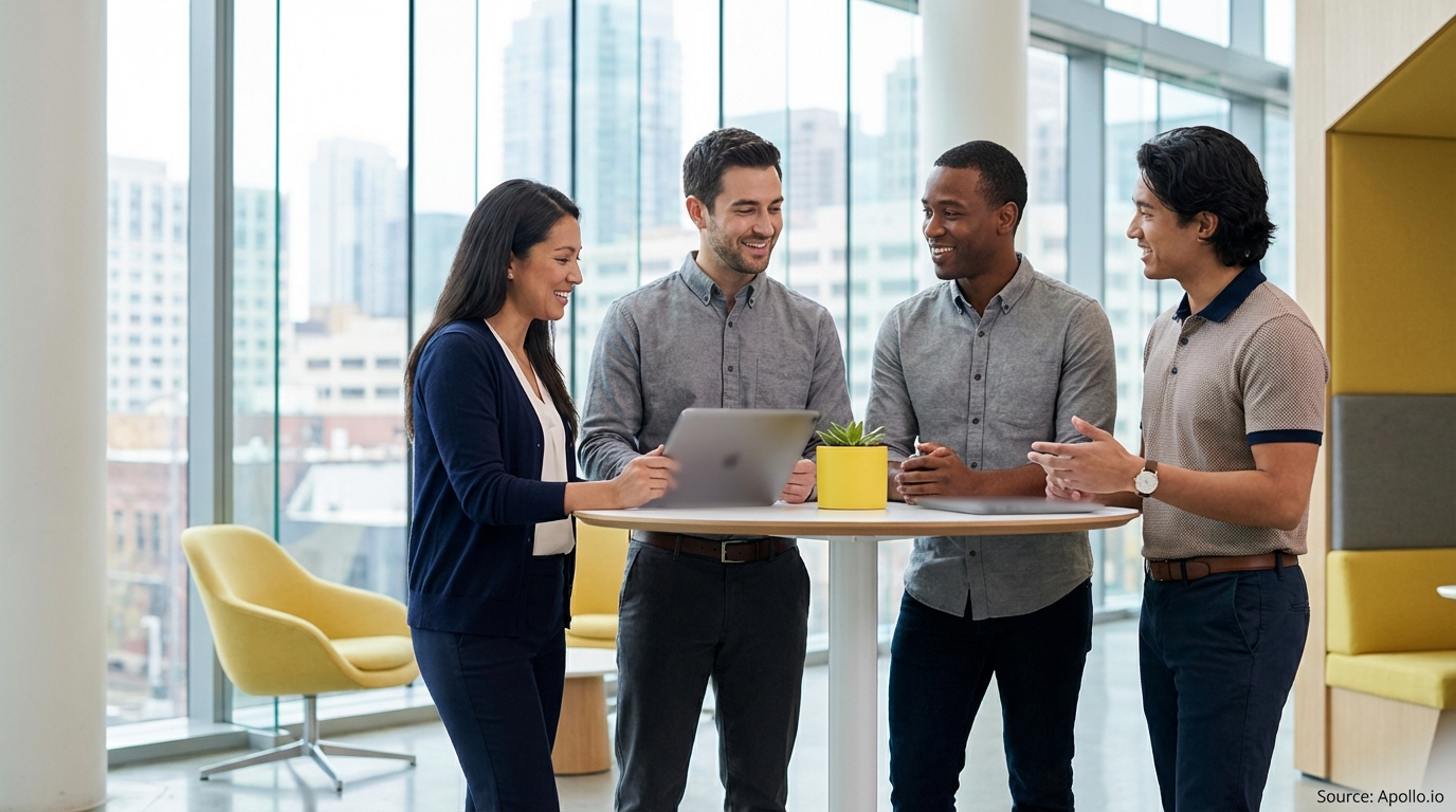 Four smiling professionals discussing on a laptop at a modern office table.