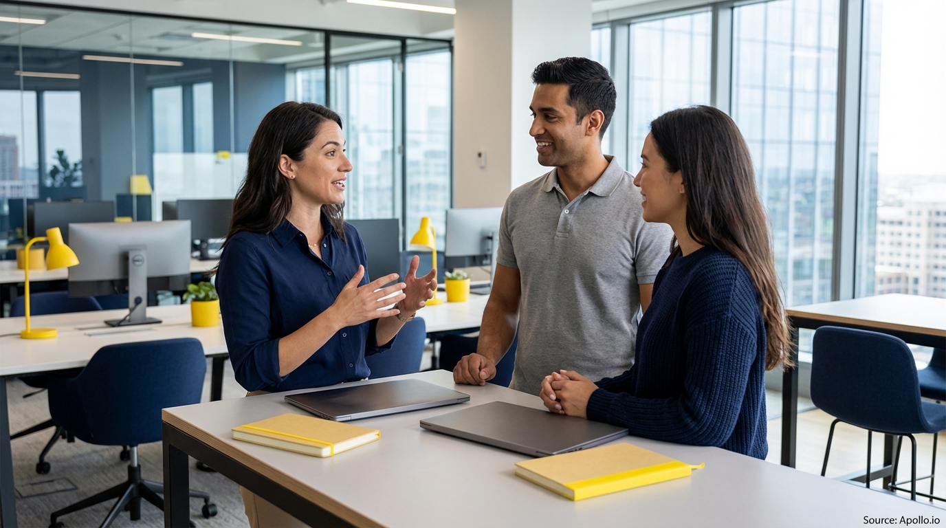 Three professionals discuss at a modern office table with laptops and notebooks.