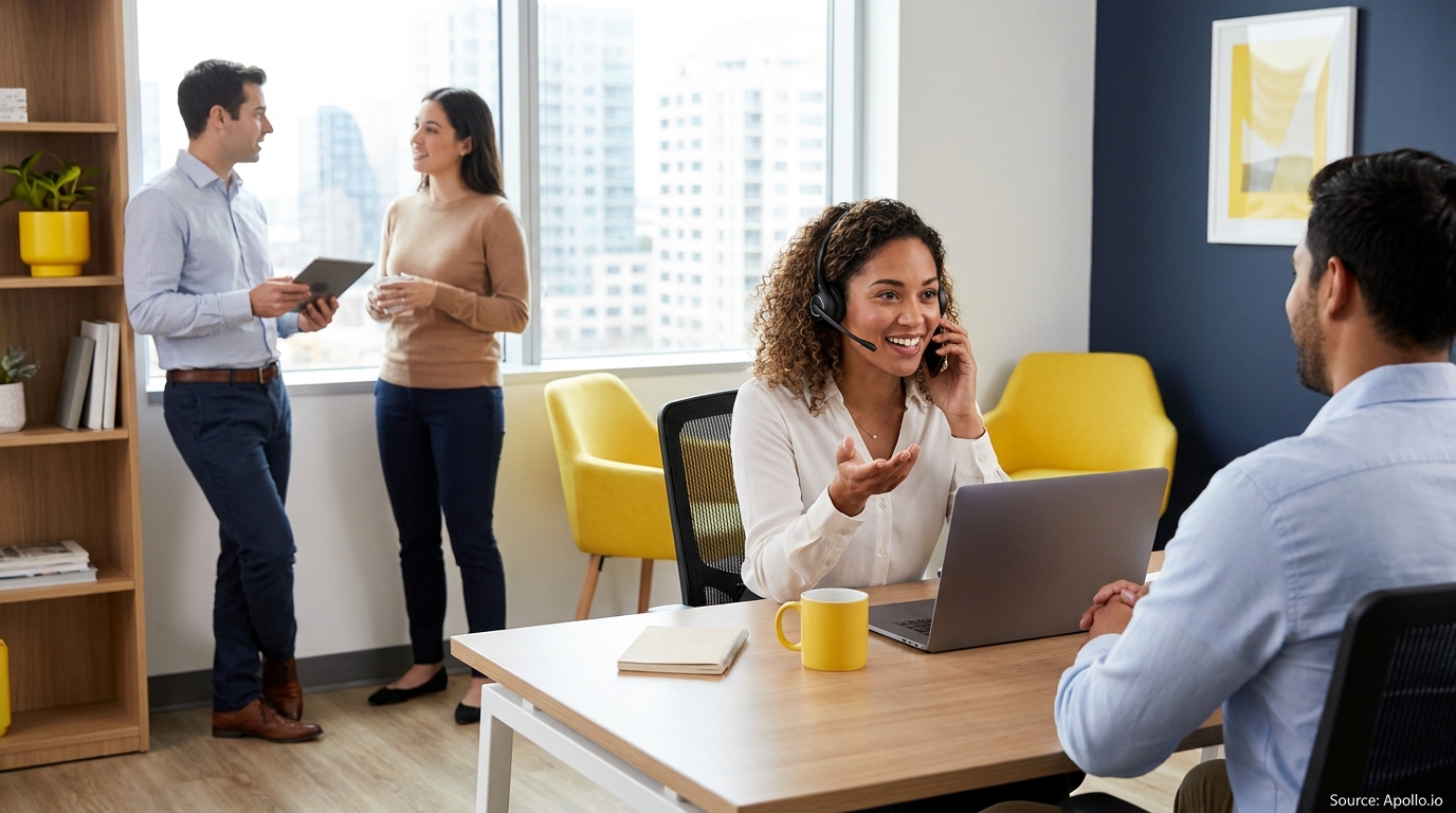 Four professionals in a modern office, two discussing a tablet, one on a headset call, another listening.