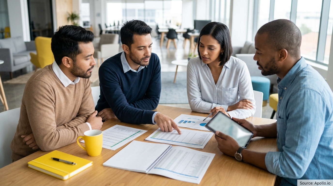 Four professionals collaborate at a table, reviewing documents and a tablet in a modern office.