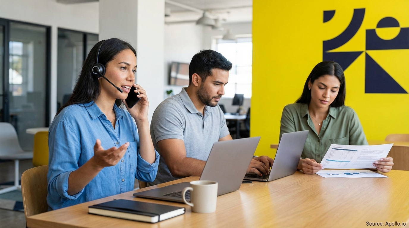Three professionals working at a table: one on a call, one typing, one reading papers.