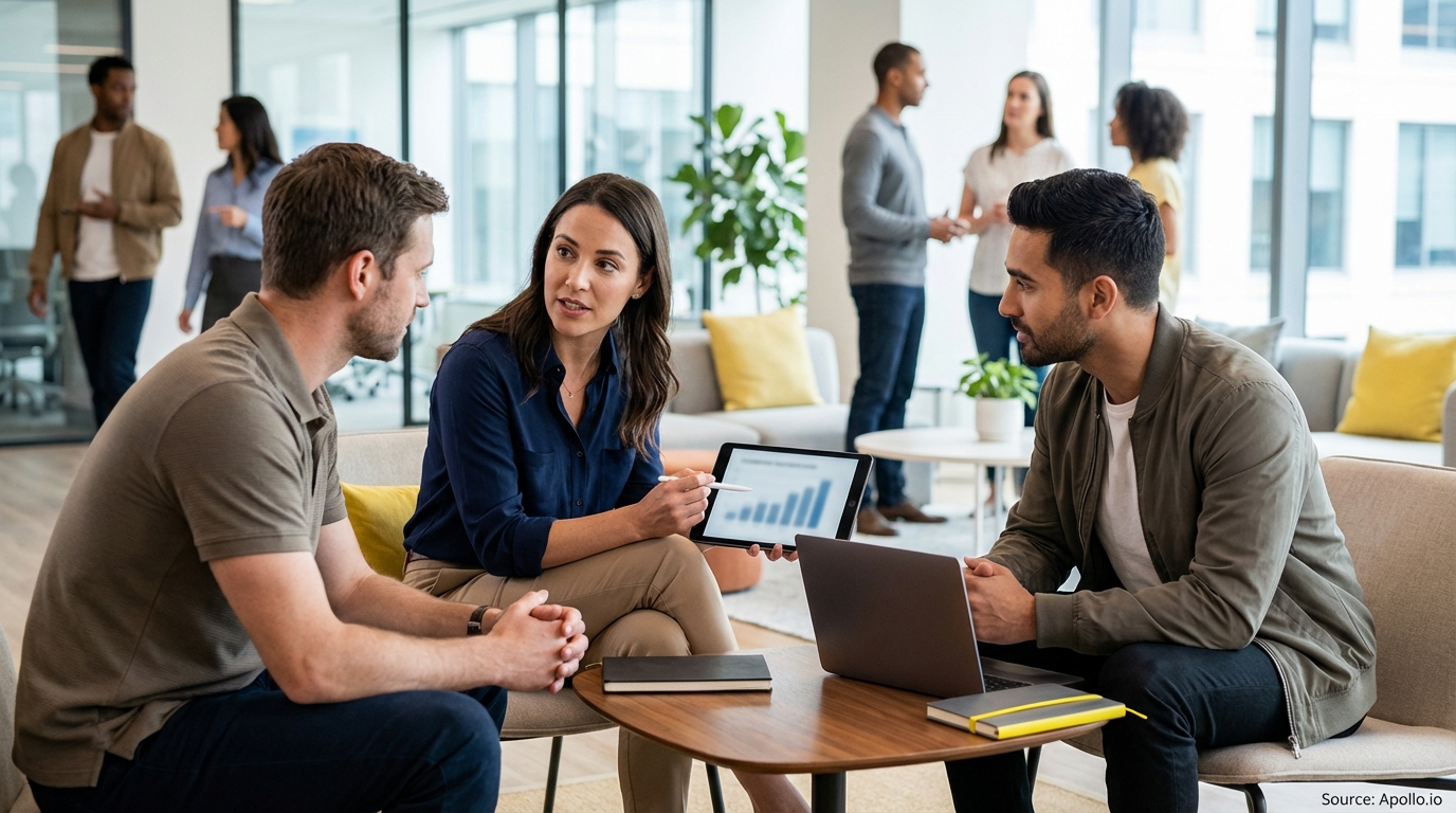 Three colleagues review data on a tablet in a bustling open-plan office.