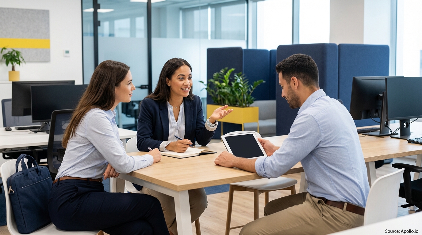 Three professionals collaborate at a table in a modern office, one discussing while another views a tablet.