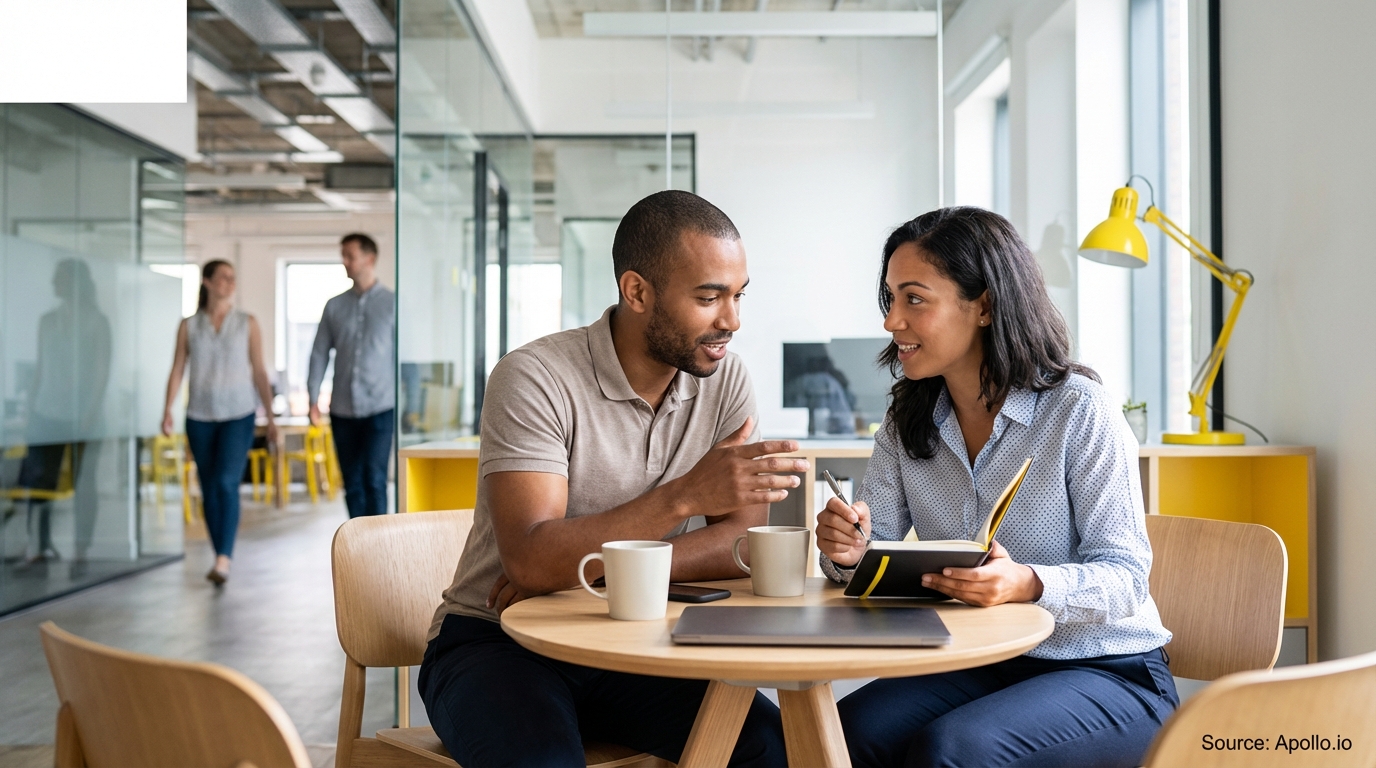 Two diverse professionals discuss notes at a modern office table with coffee.