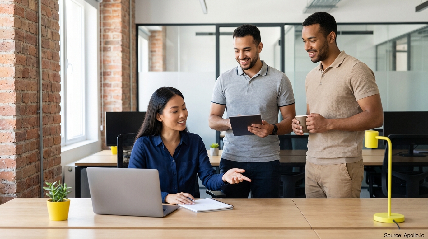 Three smiling colleagues collaborate at a modern office desk, with a laptop, tablet, and document.