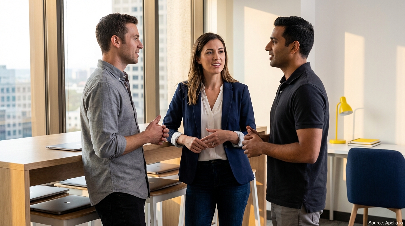 Three colleagues discuss while standing at a modern office table.