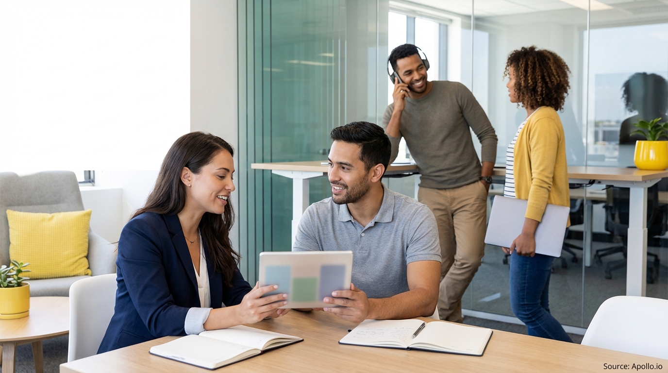 Four smiling colleagues collaborating in a bright, modern office with glass walls.