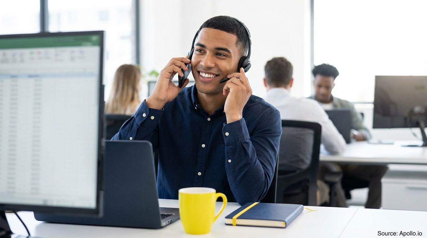 A smiling man in a headset talks on a phone at a computer in a busy office.